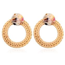 Bohemian Straw Rattan Woven Geometric Statement Earrings - Ethnic Acetate Hoops, Teardrop Dangles Natural Raffia Fan Tassel