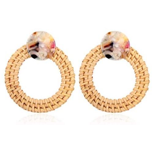 Bohemian Straw Rattan Woven Geometric Statement Earrings - Ethnic Acetate Hoops, Teardrop Dangles Natural Raffia Fan Tassel