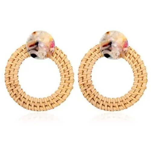 Bohemian Straw Rattan Woven Geometric Statement Earrings - Ethnic Acetate Hoops, Teardrop Dangles Natural Raffia Fan Tassel