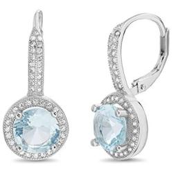 MIA SARINE Rhodium Plated Sterling Silver Round Simulated Aquamarine and Cubic Zirconia Bridal Leverback Earring