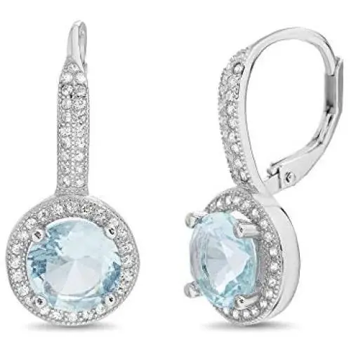 MIA SARINE Rhodium Plated Sterling Silver Round Simulated Aquamarine and Cubic Zirconia Bridal Leverback Earring MIA SARINE Rhodium Plated Sterling Silver Round Simulated Aquamarine and Cubic Zirconia Bridal Leverback Earring