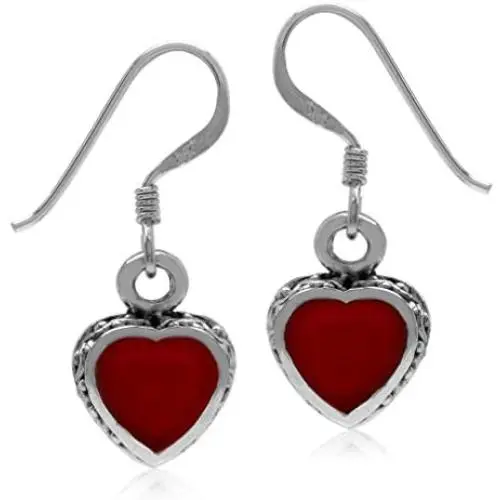Silvershake Heart Shape 925 Sterling Silver Inlay Dangle Hook Earrings Silvershake Heart Shape 925 Sterling Silver Inlay Dangle Hook Earrings