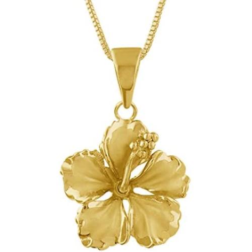 Sterling Silver 17mm Hibiscus Pendant Necklace, 16+2'' Extender