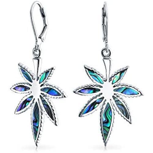Rainbow Abalone Shell Weed Marijuana Leaf Leverback Drop Dangle Earrings For Women 925 Sterling Silver