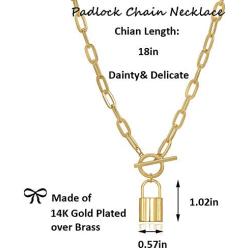 Gold Chain Necklaces for Women,Dainty Lock Pendent Paperclip Chain Link Necklaces Boho Beach Puck Jewelry Gifts…