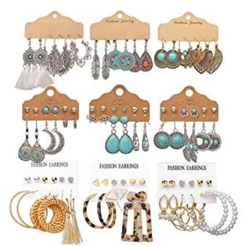 YEEZII 45 Pairs Vintage Hollow Drop Dangle Earrings Set Women Bohemian Earrings Dangler with Sun Flower Tassel Jewelry for Gifts