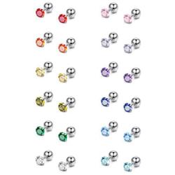 FIBO STEEL 12 Pairs CZ Stud Earrings for Women Birthstone Piercing Earring for Tragus Cartilage 3-8MM