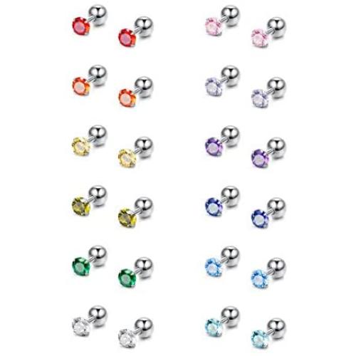FIBO STEEL 12 Pairs CZ Stud Earrings for Women Birthstone Piercing Earring for Tragus Cartilage 3-8MM