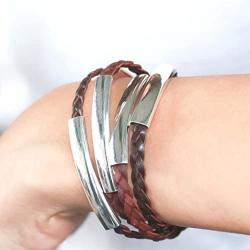 Lizzy James Mini Addison Braided Leather Wrap Bracelet with Silverplate Crescents in Natural Antique Brown Leather
