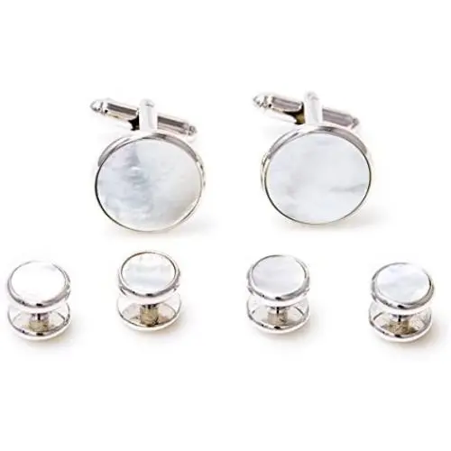 MRCUFF Mother of Pearl Cufflinks and Studs Tuxedo Set in a Presentation Gift Box & Polishing Cloth