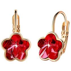 Swarovski Crystal Flower Leverback Drop Earrings for Women 14K Rose Gold Plated Hypoallergenic Jewelry