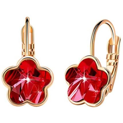 Swarovski Crystal Flower Leverback Drop Earrings for Women 14K Rose Gold Plated Hypoallergenic Jewelry