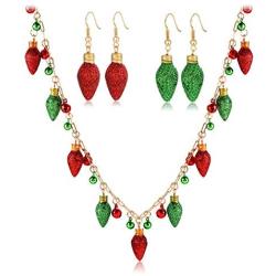 VOGUEKNOCK Christmas Necklace Red Green Glitter Christmas Light Bulb Necklace Earrings Set Long Christmas Necklace Holiday Jewelry