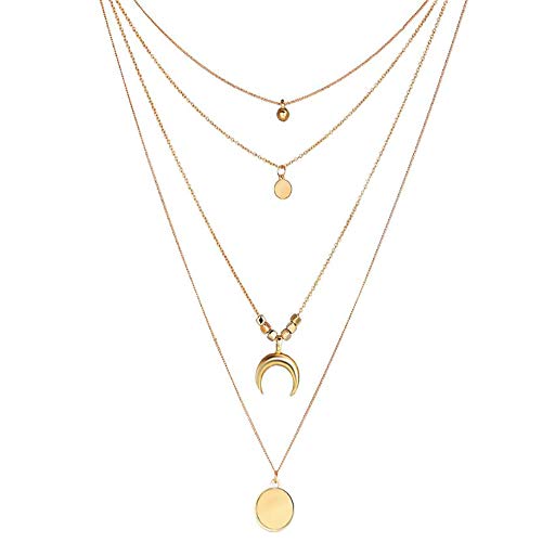 Chargances Bohemia Women Necklace Disc and Moon Necklace Coin Pendant Necklace Delicate Choker Chain Multi layer Necklaces for Women Gold Moon Crescent Disc Jewelry for Women and Girls