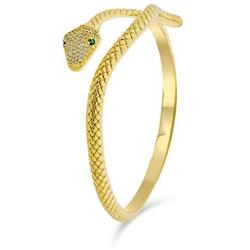 Egyptian Serpent Style Wrap Snake Green Eye CZ Cubic Zirconia Bypass Bangle Bracelet for Women 14K Gold Plated Bras