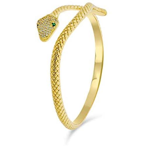 Egyptian Serpent Style Wrap Snake Green Eye CZ Cubic Zirconia Bypass Bangle Bracelet for Women 14K Gold Plated Bras