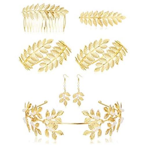 ORAZIO 6Pcs Grecian Goddess Costume Accessories Set Greek Leaf Headband Coil Bracelet Artificial Pearl Earrings Golden Leaves Bridal Hair Comb for Women Wedding Party