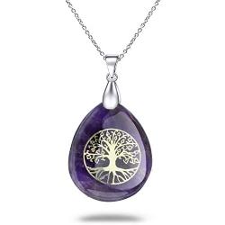 Ylwjewelry Tree of Life Necklace Natural Germstone Chakra Necklace Pendant Teardrop Healing Crystals Jewelry with Adjustable Chains Gift for Women Men