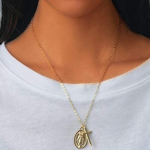 Avanlin Vintage Virgin Mary Necklace Gold Cross Pendant Necklaces Chain Charm Jewelry for Women and Girls