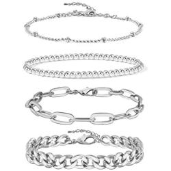 Gold Bracelets for Women Girls 14K Gold Plated Dainty Link Paperclip Choker Bracelet Stack Gold Small Ball Beads Bracelets Adjustable Layered Metal Link Bracelet