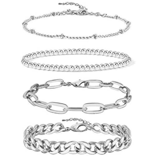 Gold Bracelets for Women Girls 14K Gold Plated Dainty Link Paperclip Choker Bracelet Stack Gold Small Ball Beads Bracelets Adjustable Layered Metal Link Bracelet