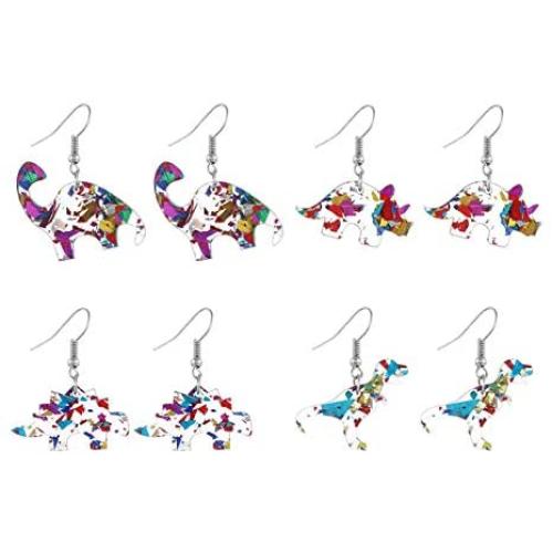 4Pairs Dinosaur Earring Set Resin Dinosaur Drop Dangle Earrings Cute Colorful Dinosaur Dangle Earrings for Girls Women Animal Creative Jewelry
