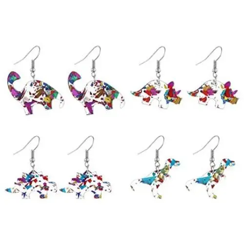 4Pairs Dinosaur Earring Set Resin Dinosaur Drop Dangle Earrings Cute Colorful Dinosaur Dangle Earrings for Girls Women Animal Creative Jewelry