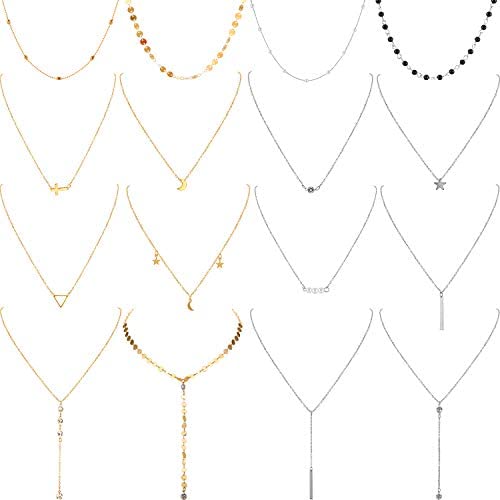 16 Pieces Layered Choker Necklace Adjustable Pendant Necklace Moon Sequins Choker Multilayer Chain Necklace Set for Women Girls