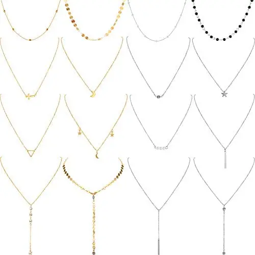 16 Pieces Layered Choker Necklace Adjustable Pendant Necklace Moon Sequins Choker Multilayer Chain Necklace Set for Women Girls