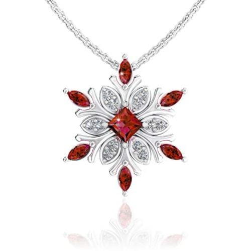 Belinda Jewelz 925 Solid Real Sterling Silver Sparkling Snowflake Hanging Marquise Gemstone Rhodium Plated Womens Fine Jewelry Chain Necklace Pendant, Garnet Red and White Topaz, 1.3 carats, 18-inch