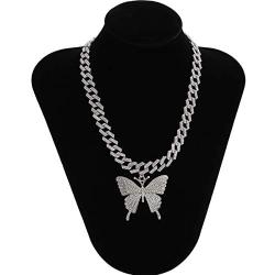 Butterfly Cuban Link Necklace Set Hip Hop Rhinestone Chock Chain Iced Out Sparking Bling Zircon Crystal Collar Animal Butterfly Pendant Necklace for Women Girl Party Jewelry-A Silver