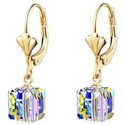 Swarovski Crystal Cube Drop Earrings for Women Leverback Dangle Earrings 14K Gold Plated Hypoallergenic Jewelry