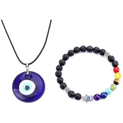Picano 2 Pcs Turkish Evil Eye Pendant Necklace Evil Eyes Bracelet Hamsa Hand of Fatima Bracelet Lucky Protection Jewelry Set