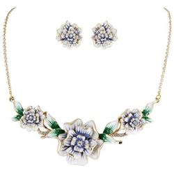 EVER FAITH Womens Austrian Crystal Enamel 3 Peony Flowers Necklace Earrings Set Gold-Tone
