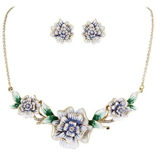 EVER FAITH Womens Austrian Crystal Enamel 3 Peony Flowers Necklace Earrings Set Gold-Tone