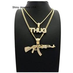 Shiny Jewelers USA Mens ICED Out Machine Gun AK 47 Chopper Thug Life Mob Pendant Chain Necklace Set