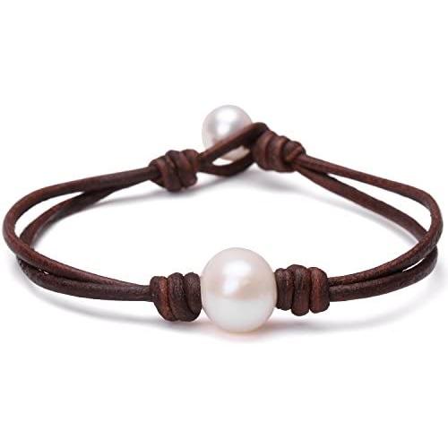 Single Cultured Freshwater Pearl Bracelet Handmade Leather Pearl Jewelry for Women Girls 7