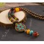 Handcrafted Wood Bead, Polymer Clay Embedded Metal Pendant Necklace With Turquoise Stone Drop