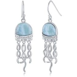 Caribbean Natural Larimar Gemstone Nautical Jellyfish Sterling Silver Dangling Earrings Jewelry for Women or Teens