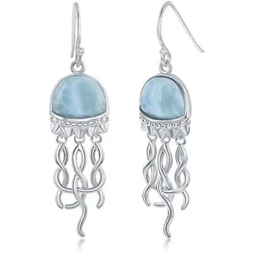 Caribbean Natural Larimar Gemstone Nautical Jellyfish Sterling Silver Dangling Earrings Jewelry for Women or Teens Caribbean Natural Larimar Gemstone Nautical Jellyfish Sterling Silver Dangling Earrings Jewelry for Women or Teens