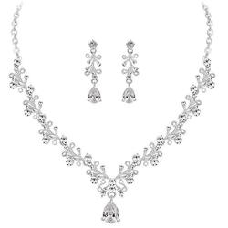 MOOCHI Wedding Silver Plated Clear Cubic Zircon Pendant Crystal Necklace Earrings Jewelry Set for Bridal Brides Women Girls bridesmaids Statement Costumes accessories Dress Gift