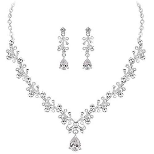 MOOCHI Wedding Silver Plated Clear Cubic Zircon Pendant Crystal Necklace Earrings Jewelry Set for Bridal Brides Women Girls bridesmaids Statement Costumes accessories Dress Gift
