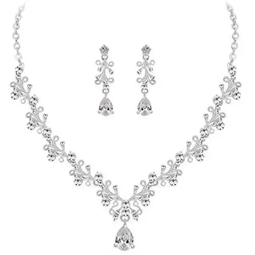 MOOCHI Wedding Silver Plated Clear Cubic Zircon Pendant Crystal Necklace Earrings Jewelry Set for Bridal Brides Women Girls bridesmaids Statement Costumes accessories Dress Gift