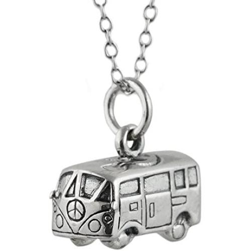 FashionJunkie4Life Sterling Silver Small Bus 3D Hippie Van Necklace, 18'' Cable Chain
