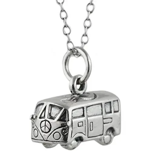 FashionJunkie4Life Sterling Silver Small Bus 3D Hippie Van Necklace, 18'' Cable Chain