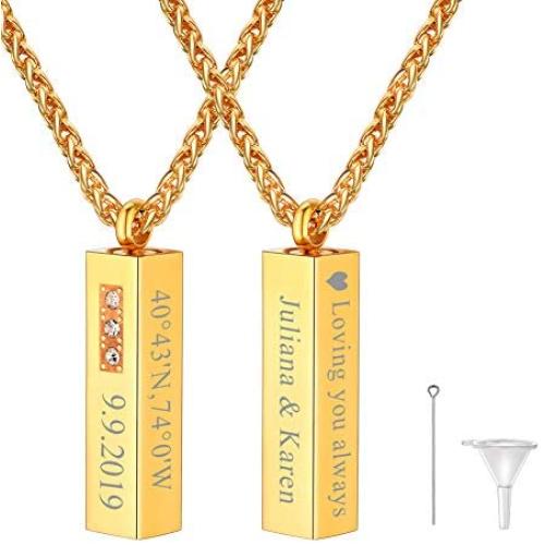 Customized Cremation Urn Necklace Stainless Steel / 18K Gold Plated Personalized Engrave Birthstone Cyclinder Bar/Moon Cat /4D Vertical Bar Memorial Keepsake Jewelry Ashes Locket Pendant with Chain