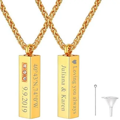 Customized Cremation Urn Necklace Stainless Steel / 18K Gold Plated Personalized Engrave Birthstone Cyclinder Bar/Moon Cat /4D Vertical Bar Memorial Keepsake Jewelry Ashes Locket Pendant with Chain Customized Cremation Urn Necklace Stainless Steel / 18K Gold Plated Personalized Engrave Birthstone Cyclinder Bar/Moon Cat /4D Vertical Bar Memorial Keepsake Jewelry Ashes Locket Pendant with Chain