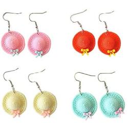 4 Pairs Unique Sun Hat Dangle Hook Earrings Cute Funny Resin Straw Hats Hook Earrings Classic Beach Hat Earrings for Women Girls Birthday Friendship Festival Party Accessories Jewelry Set Gifts