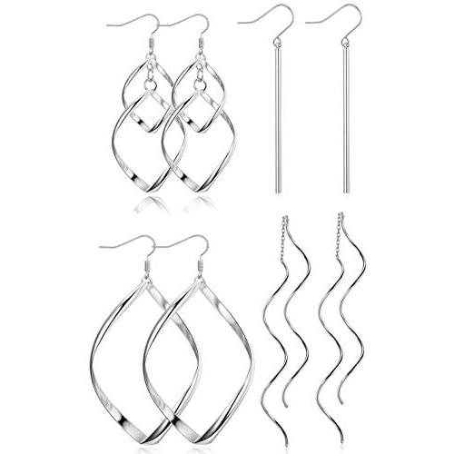 LOLIAS 4 Pairs Twist Wave Dangle Earrings for Women Curved Threader Bar Drop Fashion Earring Jewelry