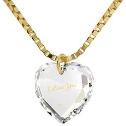 Tiny Heart Pendant Necklace 24k Gold Inscribed with I Love You on Crystal, 18'' Chain - NanoStyle Jewelry